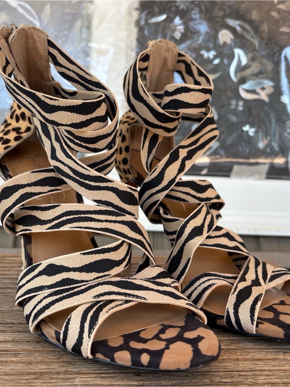 Jessica Simpson Jyra Cheetah Zebra Print Elastic Straps Heels in Beige and Black